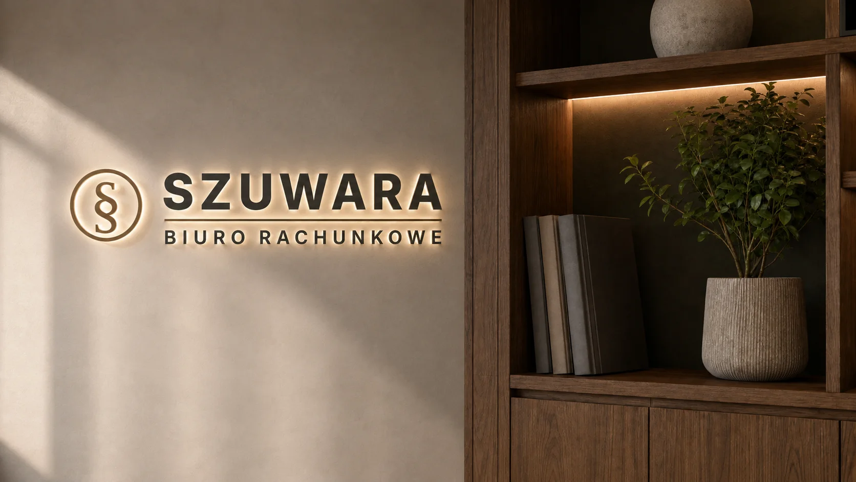 Logo Szuwara Biuro Rachunkowe na ścianie biura